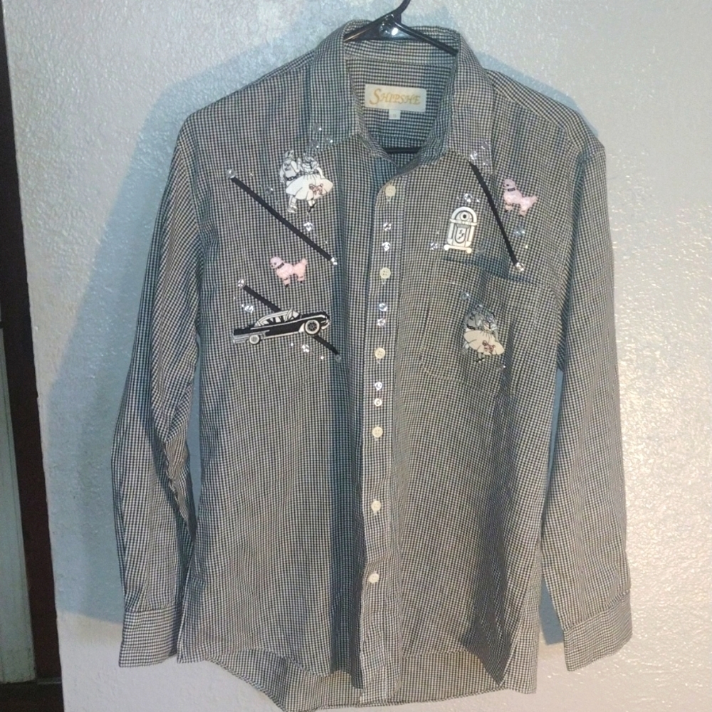 Vintage Poodle Girl Black and White Gingham Button Down Collar Top S